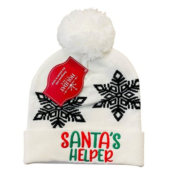 Holiday Time Womens Santas Helper Pom Pom Knit Beanie Hat Winter White - Picture 1 of 7